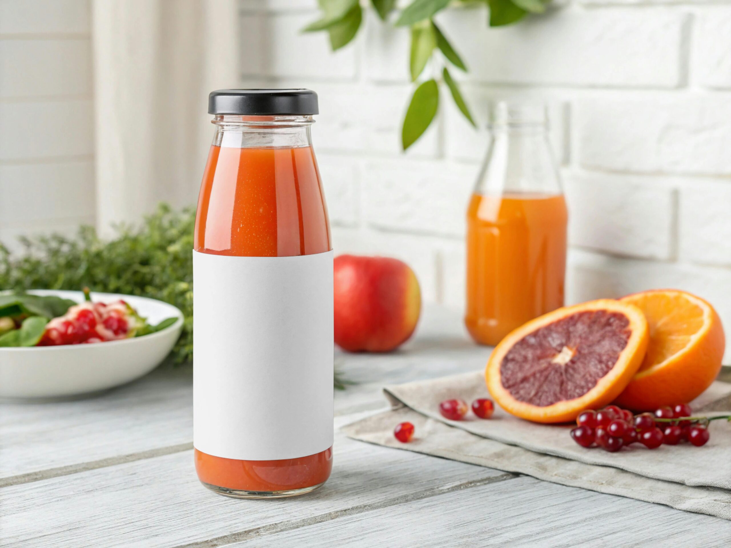 A bottle of orange juice with a blank white label, placed on a white wooden table with sliced oranges, red currants, and fresh greens in the background.