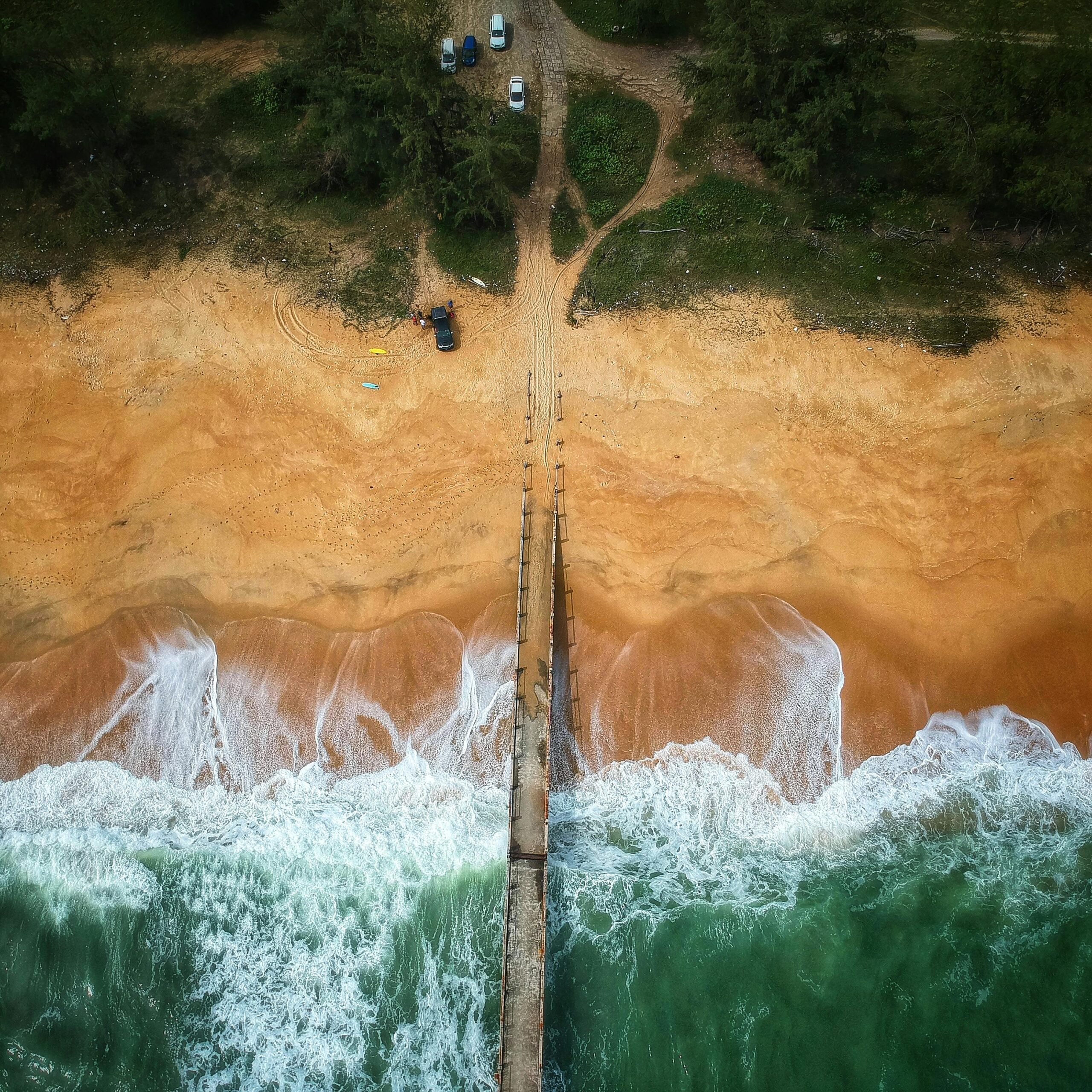 Aerial view of a wooden pier stretching from a forested beach into ocean waves crashing against the shore.